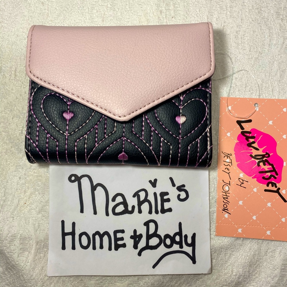 Luv Betsey Johnson pink black tri fold wallet hearts quilted embroidered BNWT